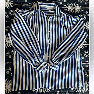 Never worn! Zara Blue and White Satin Button Down Shirt